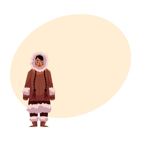 Eskimo, Inuit woman in traditional warm winter clothes with long plaits, cartoon vector illustration with place for text. Full length portrait of Eskimo, Inuit woman and standing uprightのイラスト素材