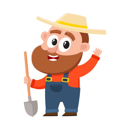 Funny farmer, gardener character in straw hat and overalls holding shovel, waving hello, greeting, cartoon vector illustration isolated on white background. Comic farmer character, design elementsのイラスト素材