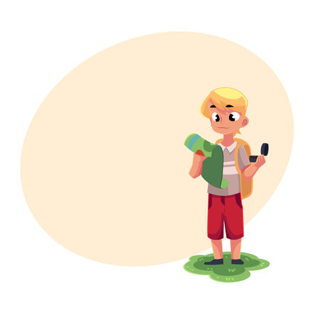 Teenage Caucasian boy with a backpack studying map, holding compass, camping, hiking concept, cartoon vector illustration with place for text. Boy scout, tourist with map and compassのイラスト素材