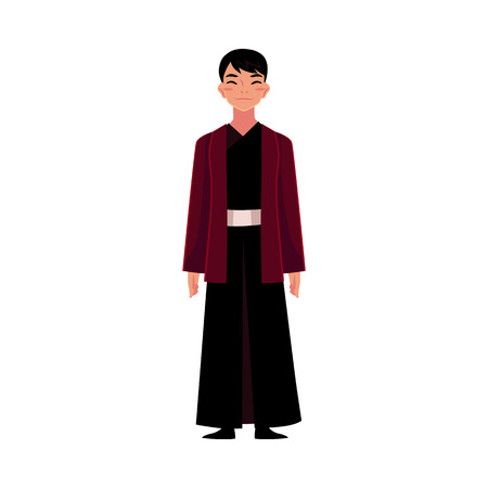 Chinese man in traditional national costume, black changshan robe and jacket, cartoon vector illustration isolated on white background. Man from China in Chinese national clothes, garment, costumeのイラスト素材