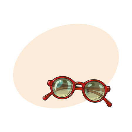 Fashionable round sunglasses in red plastic frame, summer vacation attribute, sketch vector illustration with place for text. Hand drawn round glamorous sunglasses, symbol of summer vacationのイラスト素材