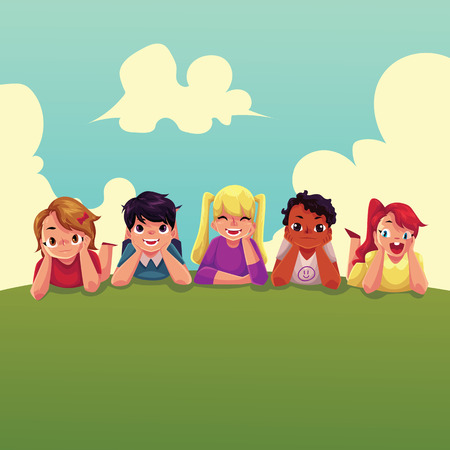 Group of happy children lying on green grass under summer sky colorful cartoon vector illustration.のイラスト素材