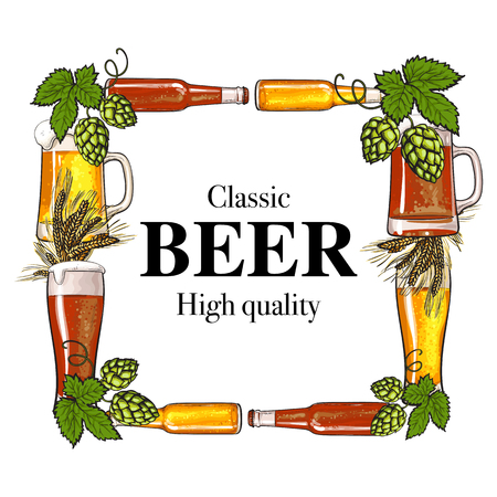 Square frame of beer bottle, mug and glass, malt and hop with place for text, sketch vector illustration isolated on white background. Hand drawn beer bottle, glass square frame with place for textのイラスト素材