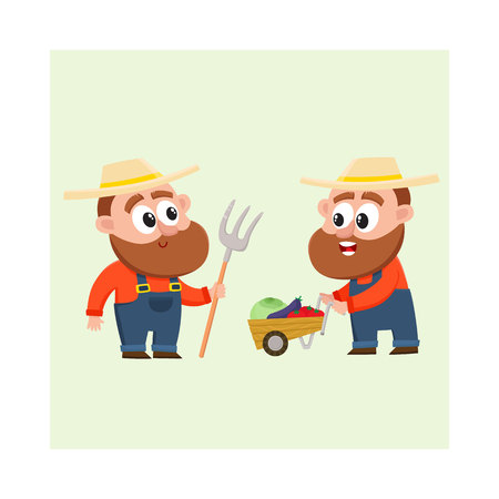 Funny farmer, gardener characters in overalls harvesting vegetables, pushing handcart, holding hayfork, cartoon vector illustration isolated on white background. Comic farmer characters, harvest timeのイラスト素材