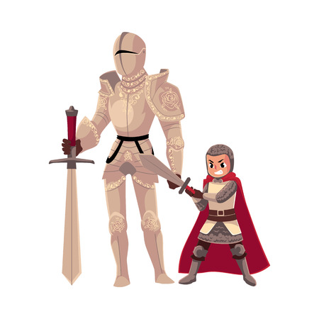 Medieval knight in decorated metal suit and his armor bearer, squire, cartoon vector illustration isolated on white background. Full length portrait of medieval heavy armored knight and armor bearerのイラスト素材
