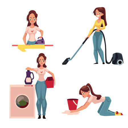 Young woman, housewife doing chores - ironing, washing, vacuum cleaning, mopping floors, cartoon vector illustration isolated on white background. Woman, girl cleaning her house, washing, ironingのイラスト素材