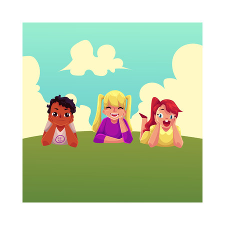 Three happy children lying on green grass under summer sky, colorful cartoon vector illustration. Kids, children, friends, black and white, lying on grass together, summer activityのイラスト素材