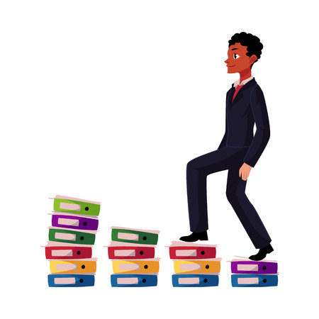 Black, African American businessman climbing piles of documents, career ladder, cartoon vector illustration isolated on white background. Folders like corporate ladder, businessman making careerのイラスト素材