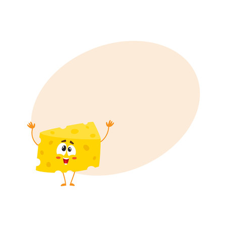 Cute and funny cheese chunk character greeting, welcoming with hands raised up, cartoon vector illustration with space for text. Funny greeting cheese piece character, mascot with human faceのイラスト素材
