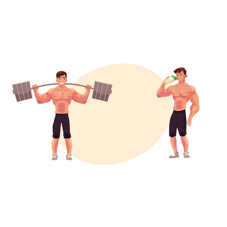 Male bodybuilder working out with barbell and drinking protein shake after training, cartoon illustration with space for text.のイラスト素材