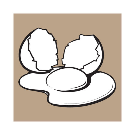 Cracked, broken and spilled chicken egg, sketch style vector illustration isolated on brown background. Hand drawn, sketched raw, uncooked chicken egg and halves of eggshellのイラスト素材