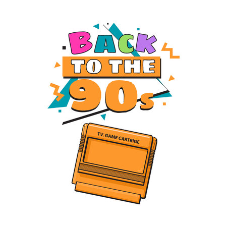 Memphis retro style back to the 90s poster template with TV game cartridge on white background. Back to the 90s party invitation, poster, banner design with geometric details and TV game cartridgeのイラスト素材