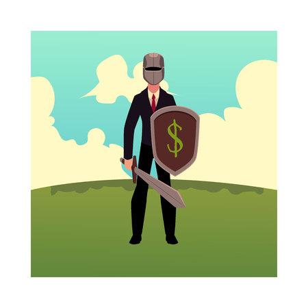 Businessman as a knight in metal helmet holding sword and shield, cartoon vector illustration isolated on white background. Modern knight in business stands on green grass under summer skyのイラスト素材