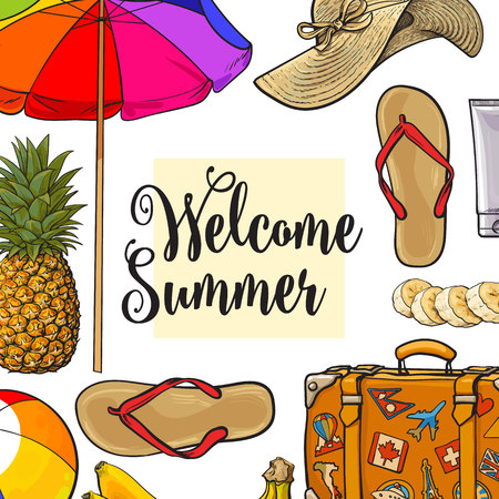Square banner of summertime vacation attributes with place for text, sketch style vector illustration isolated on white background. Hand drawn summer objects, symbols, elements as banner, card, posterのイラスト素材
