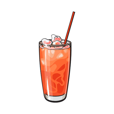 Tall glass full of freshly squeezed cold grapefruit juice with ice and straw, sketch style vector illustration on white background. Hand drawn glass of grapefruit juice with iceのイラスト素材