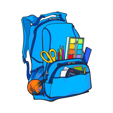 Backpack packed with school items, supplies, sketch vector illustration isolated on white background. School bag, backpack staffed with personal belongings, school items, stationery objectsのイラスト素材