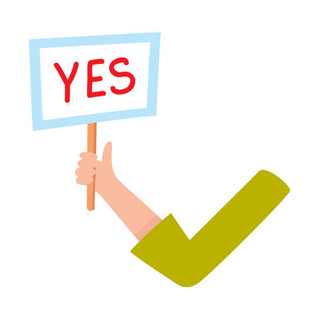 Female arm, hand in business suit sleeve holding yes sign, showing approval, confirmation, cartoon vector illustration on white background. Funny cartoon male arm showing yes sign, plateのイラスト素材