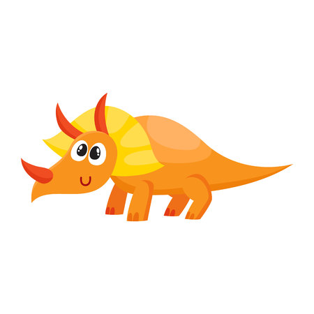 Cute and funny smiling baby triceratops, dinosaur, cartoon vector illustration isolated on white background. Funny, happy triceratops dinosaur character, decoration elementのイラスト素材