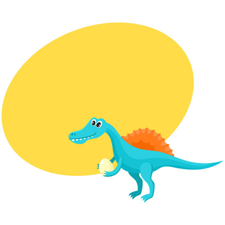 Cute and funny smiling baby spinosaurus, dinosaur, cartoon vector illustration with space for text. Funny, happy spinosaurus dinosaur character, decoration elementのイラスト素材