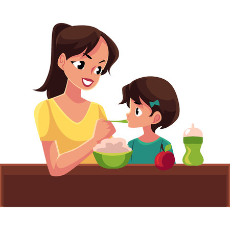 Mother spoon feeding her little daughter sitting at the table, cartoon vector illustration isolated on white background. Portrait of mother feeding her daughter with porridge sitting at the tableのイラスト素材