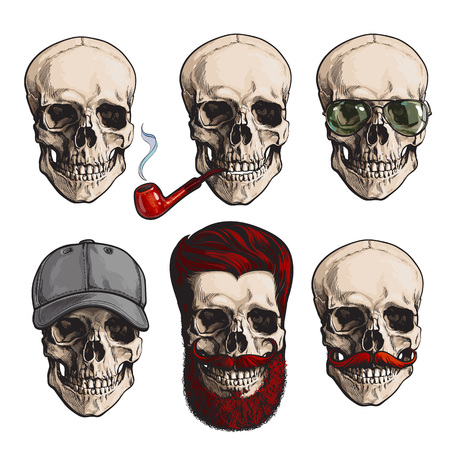 Set of human skull bones with sunglasses, red beard, moustache, smoking pipe, sketch vector illustration isolated on white background. Hand drawn skull with smoking pipe, hipster beard, sunglassesのイラスト素材