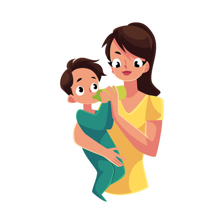 Mother holding and feeding her little baby son with milk bottle, cartoon vector illustration isolated on white background. Half length portrait of young mother holding and feeding her baby sonのイラスト素材