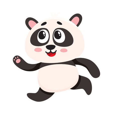 Cute and funny smiling baby panda character running, hurrying somewhere, cartoon vector illustration isolated on white background. Cute little panda bear character, mascot running fastのイラスト素材