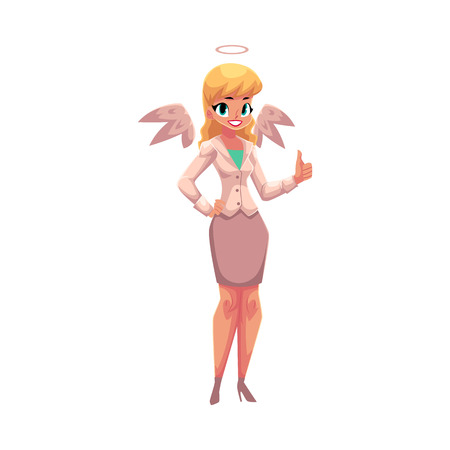Pretty woman dressed as angel in business suit with wings and halo, cartoon vector illustration isolated on white background. Female angel character, Halloween costume, right business decision conceptのイラスト素材