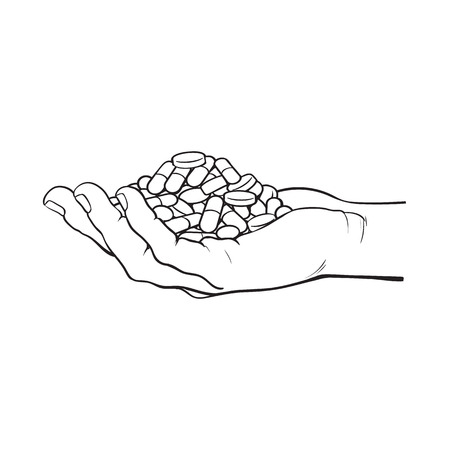 Side view hand holding pile, handful of pills, tablets, medicine, black and white sketch style vector illustration on white background. Drawing of hand holding many pills, medicine in open palm, side viewのイラスト素材