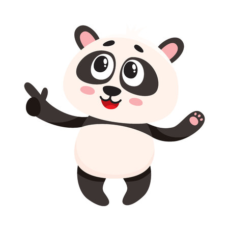 Funny smiling baby panda character pointing to something with finger, cartoon vector illustration isolated on white background. Cute little panda bear character, mascot pointing. showing somethingのイラスト素材