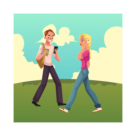 Young man and woman using smartphone on the grass, mobile phone on the go, cartoon vector illustration isolated on white background. Full length portrait of man and woman, boy and girl walkingのイラスト素材