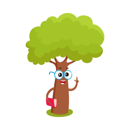 Funny smart comic tree character in round glasses holding a book, cartoon vector illustration isolated on white background. Funny tree character, mascot with smiling human face in round glassesのイラスト素材