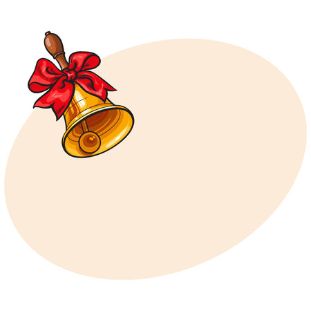 Traditional golden school bell with red ribbon, hand drawn sketch style vector illustration with space for text. Realistic hand drawing of golden bell with red ribbon, back to school symbolのイラスト素材