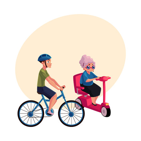 Young man riding bicycle and old woman driving modern scooter, personal urban transport concept, cartoon vector illustration with space for text. Bicycle, cycle and scooter riders, driversの写真素材