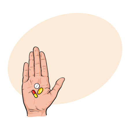 Hand holding three colorful pills, tablets in open palm with straight fingers, sketch style vector illustration with space for tex. Hand drawn hand holding three pills, medicine in open palmのイラスト素材