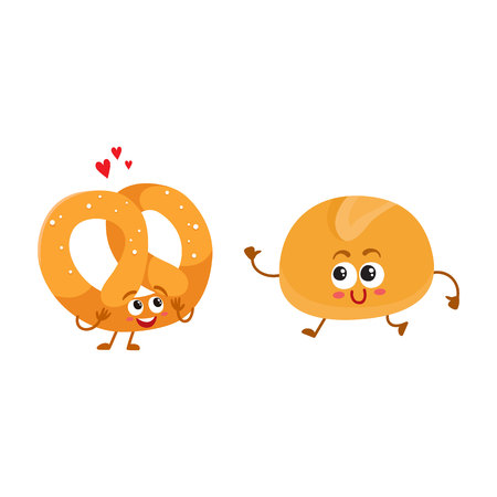 Smiling German pretzel and English bun, breakfast bread, bakery characters, cartoon vector illustration isolated on a white background. Crispy pretzel and soft bun, white bread characters, mascotsのイラスト素材