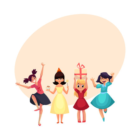 Four various girls in colorful dresses having fun at birthday party, cartoon vector illustration with space for text. Set of girls, kids, children celebrating birthday, having fun, dancingのイラスト素材