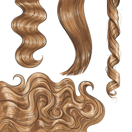 Set of shiny long blond, fair straight and wavy hair curls, sketch style vector illustration isolated on white background. Set of hand drawn realistic healthy, shiny blond, flaxen hair curlsのイラスト素材