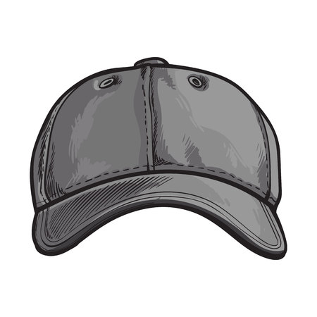 Clean, unlabelled grey colored textile baseball cap, sketch style vector illustration isolated on white background. Realistic isolated hand drawing of grey baseball cap, front viewのイラスト素材