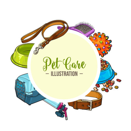 Veterinary banner of pet, cat, dog care accessories with round place for text, sketch vector illustration isolated on white background. Hand drawn pet accessories as round banner, postcard designのイラスト素材