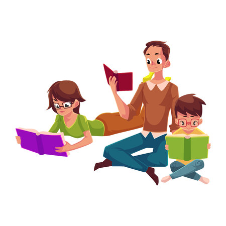 Man, woman, boy reading books sitting and lying on floor, cartoon vector illustration isolated on white background. Man, woman and boy, father, mother and son reading books, sitting, lying on floorのイラスト素材