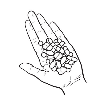 Hand holding pile of pills, tablets in open palm with straight fingers, black and white sketch style vector illustration on white background. Hand drawn hand holding many pills, medicine in open palmのイラスト素材