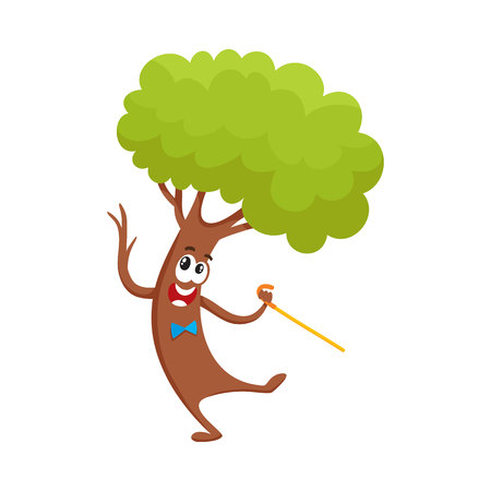 Funny comic tree character dancing step with walking cane, cartoon vector illustration isolated on white background. Funny smiling tree character, mascot in bow tie dancing with walking stick, caneのイラスト素材