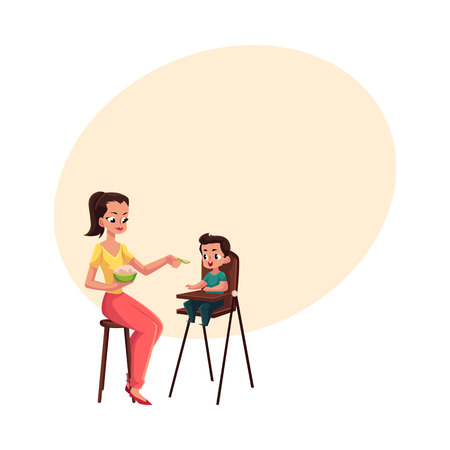 Mother feeding her son sitting in baby high chair, cartoon vector illustration with space for text. Mother, mom holding bowl of porridge, spoon feeding her son in high chairのイラスト素材