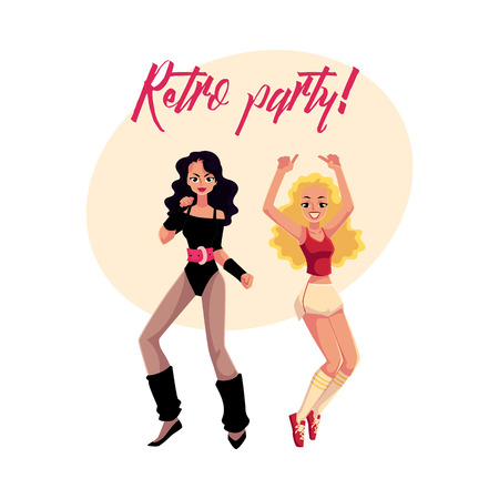 Retro disco party banner, invitation with two girls in 1980s style aerobic outfit, cartoon vector illustration. 80s style retro disco party invitation banner, poster layout with two aerobics girlのイラスト素材