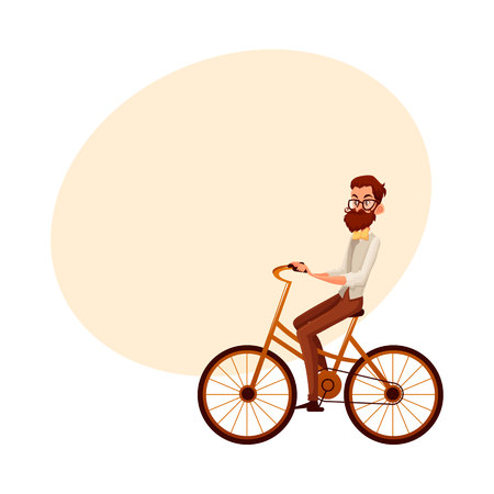 Bearded man in vest and bow tie riding a bicycle, cycling, cartoon vector illustration with space for text. Full length, side view portrait of bearded man, scientist riding a bicycle, cyclingのイラスト素材