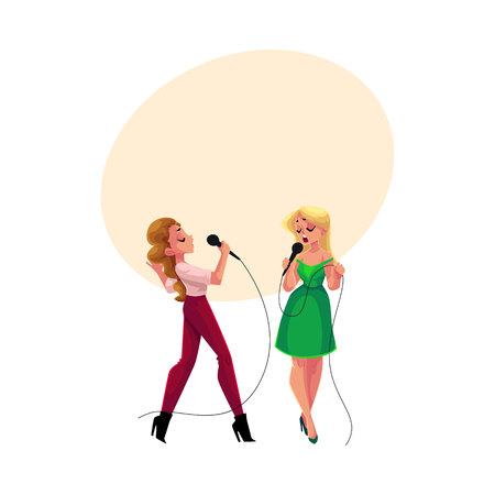 Two pretty girls, women singing together, karaoke party, contest, competition, cartoon vector illustration with space for text. Full length portrait of two karaoke singers singing togetherのイラスト素材