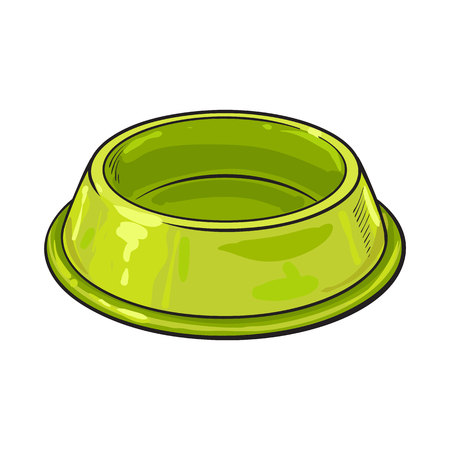 Empty green shiny plastic bowl for pet, cat, dog food, sketch vector illustration isolated on white background. Hand drawn empty bowl, plate for pet, dog, cat foodのイラスト素材