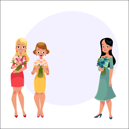Three beautiful women, girls, friends standing, holding bunches of flowers, cartoon vector illustration with space for text. Happy smiling girls, women, friends holding bunches of flowersのイラスト素材