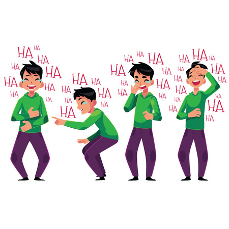 Young man laughing out loud, bent over with laughter, cartoon vector illustration isolated on white background. Full length portrait of young man bursting with laughter set, laughing to tearsのイラスト素材